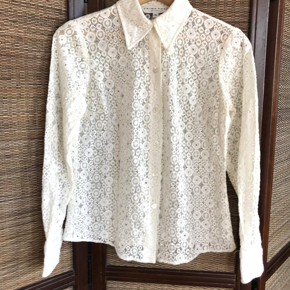 Trina Turk Sheer Lace Button-Down Blouse, Cream See-Thru Top, Size Small - Picture 10 of 15